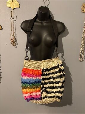 Fringed Multicolor & Black-Cream Shoulder Bag with Adjustable Strap